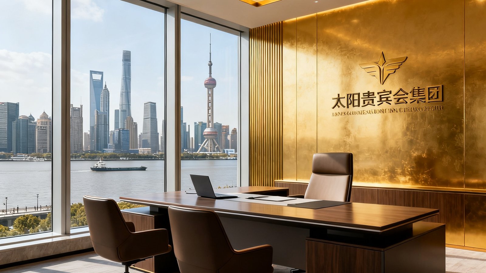太阳贵宾会集团位于上海浦东新区陆家嘴金融城的总部办公室实景，明亮的落地窗俯瞰黄浦江，现代商务风格装修搭配暖金色装饰细节，展现高端出行服务企业的专业形象。