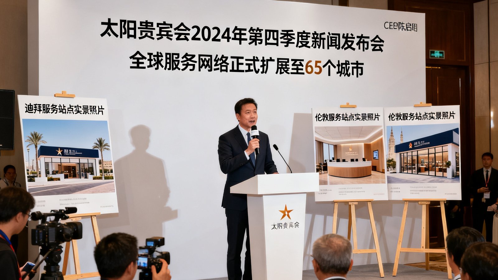 太阳贵宾会2024年第四季度新闻发布会在上海举行，CEO陈启明宣布全球服务网络正式扩展至65个城市，现场展示了新增的迪拜和伦敦服务站点实景照片。