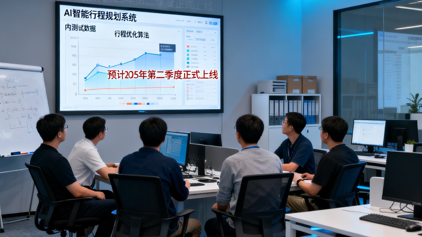 太阳贵宾会技术团队在办公室讨论AI智能行程规划系统的内测数据，屏幕上显示着行程优化算法图表，该系统预计2025年第二季度正式上线。