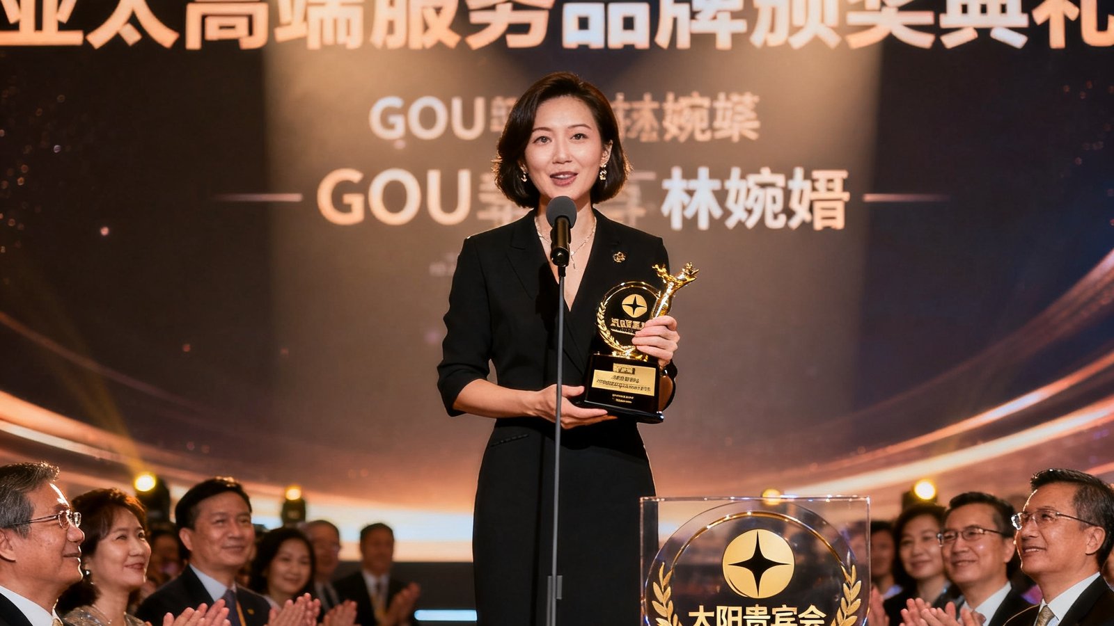 太阳贵宾会在新加坡举行的亚太高端服务品牌颁奖典礼上荣获年度最佳出行礼宾服务品牌大奖，COO林婉婷上台领奖并发表感言。