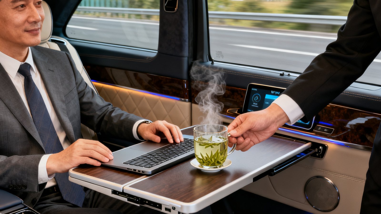 一位商务人士在太阳贵宾会安排的奔驰商务车内舒适办公，车内配备折叠办公桌和高速Wi-Fi，管家正在递上一杯温度刚好的现泡龙井茶，窗外是高速公路的流动风景。