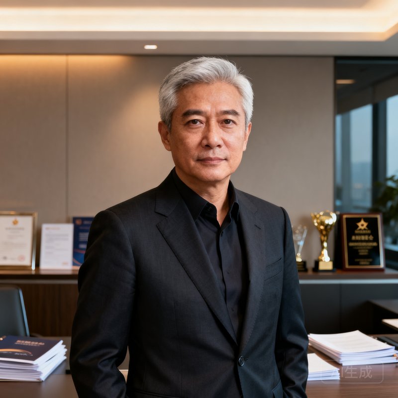 太阳贵宾会创始人兼CEO陈启明先生的沉稳大气商务照，他年约五十岁，头发微白，眼神坚定，身穿定制深色西装，背景为公司上海总部办公室，展现出行服务行业资深专家的风范。