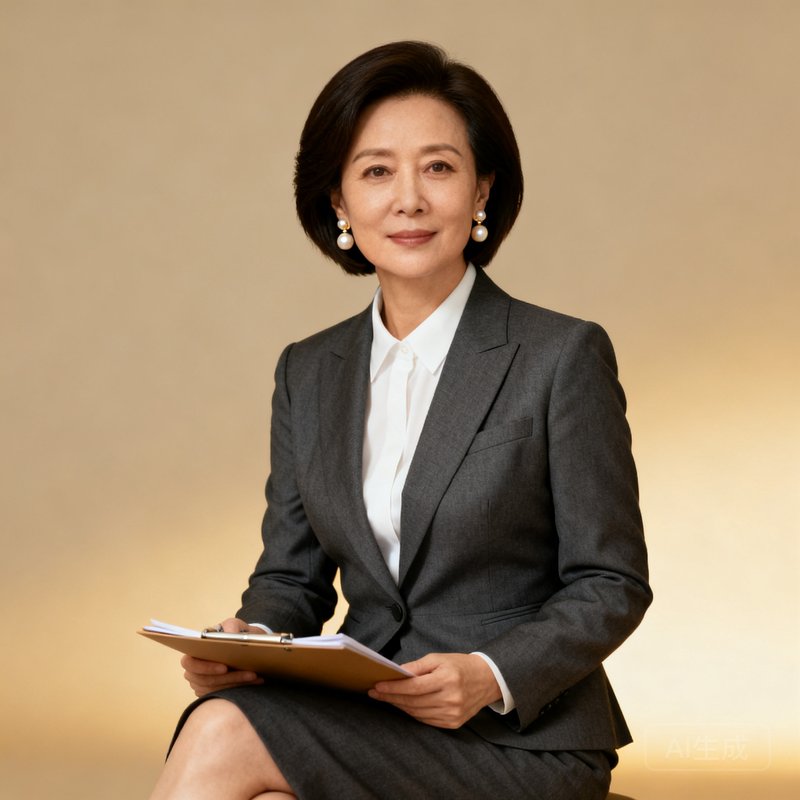 太阳贵宾会首席运营官林婉婷女士的优雅专业形象照，她四十岁出头，短发干练，佩戴精致珍珠耳环，曾任职于四季酒店集团礼宾部总监，负责公司全球运营体系搭建。