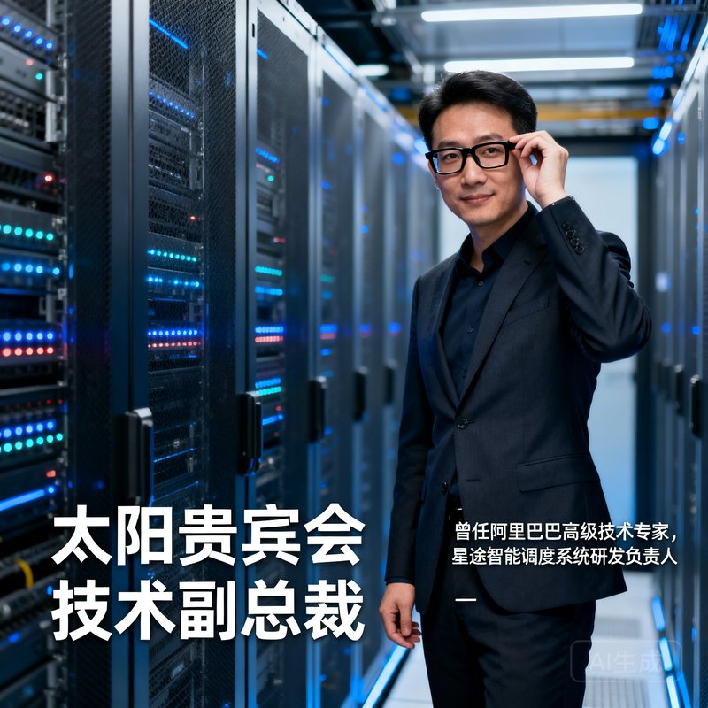 太阳贵宾会技术副总裁周浩然先生的科技感商务照，他三十多岁，戴黑框眼镜，背景为服务器机房，他曾在阿里巴巴担任高级技术专家，负责星途智能调度系统的研发。