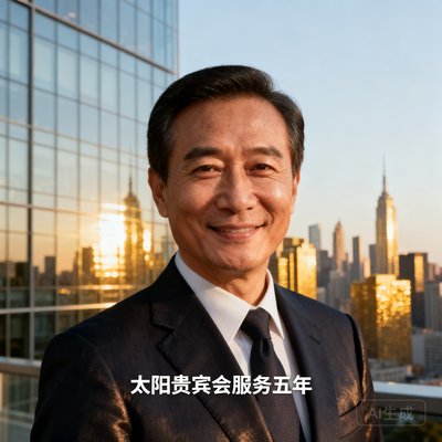 某跨国企业亚太区总裁王先生的商务肖像照，他身穿深色西装面带微笑，背景为城市天际线，他已使用太阳贵宾会服务超过五年。