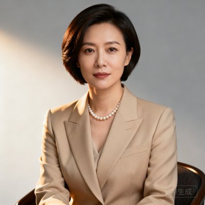知名投资机构合伙人李女士的干练职业形象照，她身着米色西装外套佩戴简约珍珠项链，展现金融行业女性的专业与优雅，她是太阳贵宾会的年度会员。
