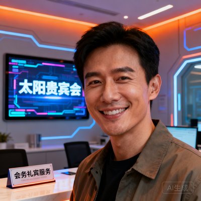 某上市科技公司CEO张先生的自信微笑头像照，他穿着休闲商务装，背景是科技感十足的办公环境，他对太阳贵宾会的会务礼宾服务给予高度评价。